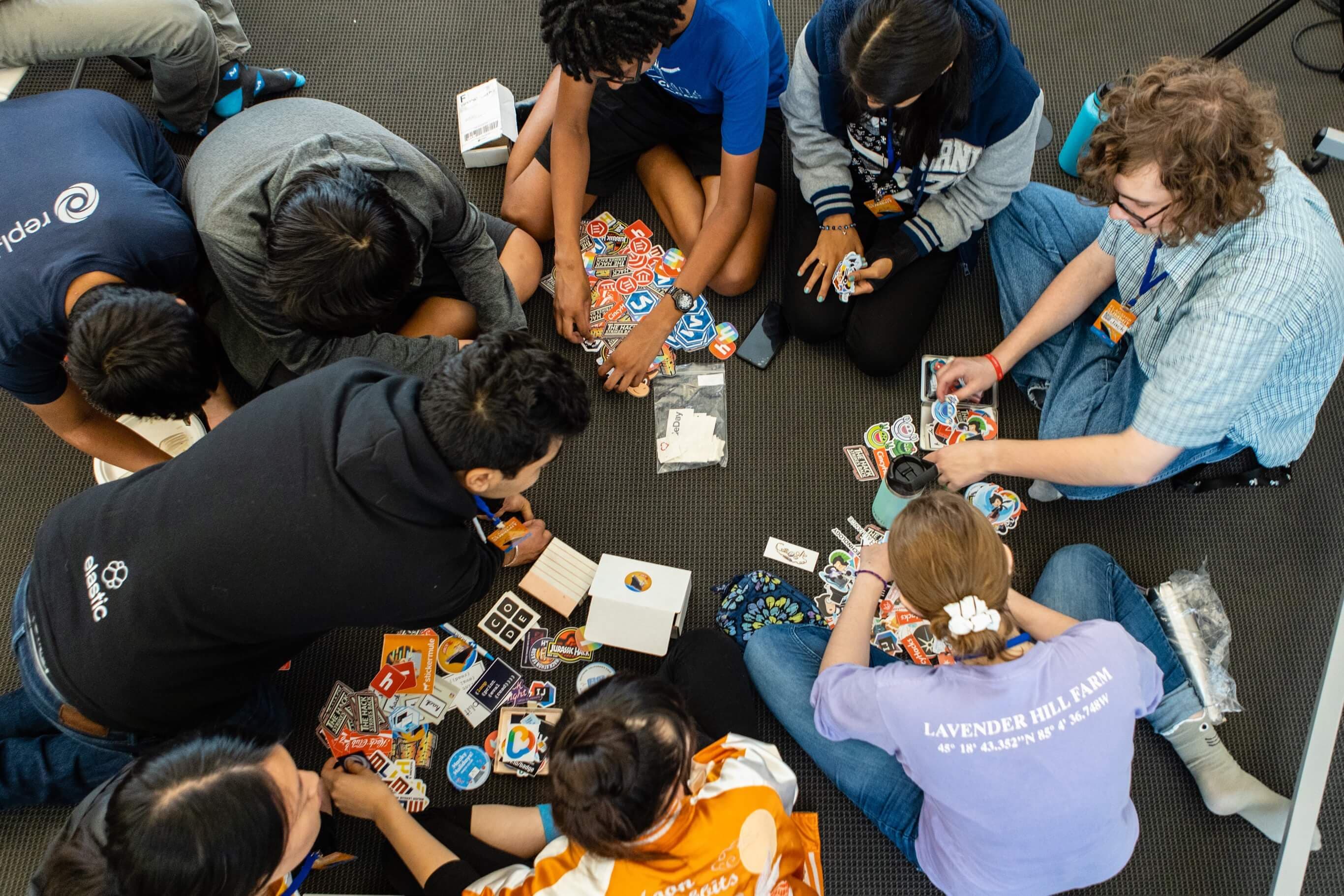 Students exchanging stickers